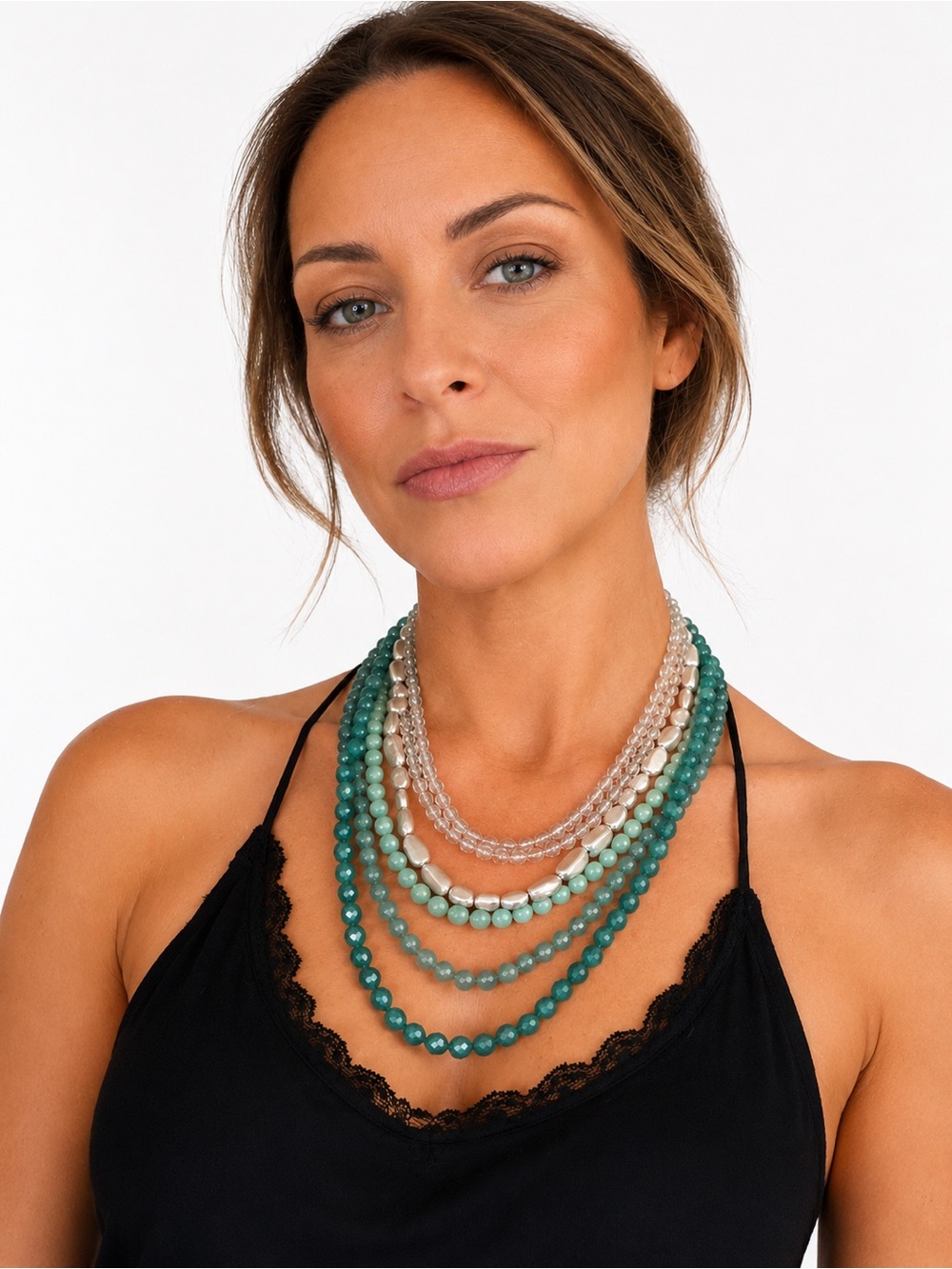 Vintage Layered Aqua & Teal Beaded Statement Necklace‎ – Multi Strand
